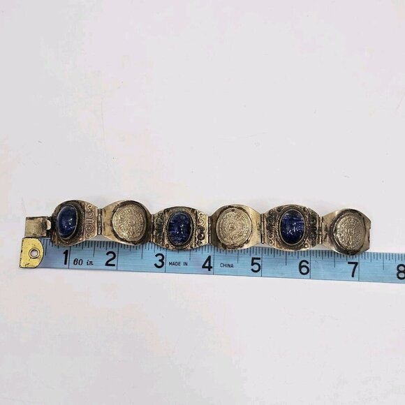 Vintage Made in Mexico 925 Sterling Lapis Stone Aztec Mayan Calendar Bracelet - Picture 12 of 12